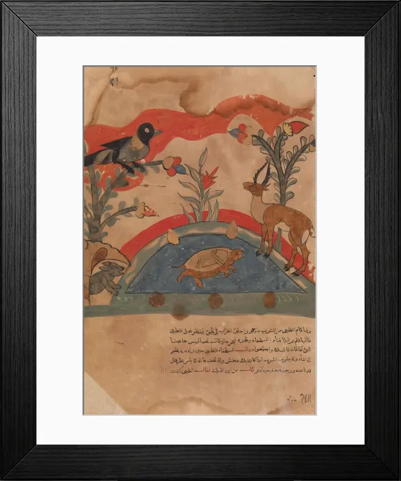 Framed Print : The Gazelle Becomes Friends with the Crow, the Mouse, and the Tortoise... 18th century Framed Print : The Gazelle Becomes Friends with the Crow, the Mouse, and the Tortoise... 18th century