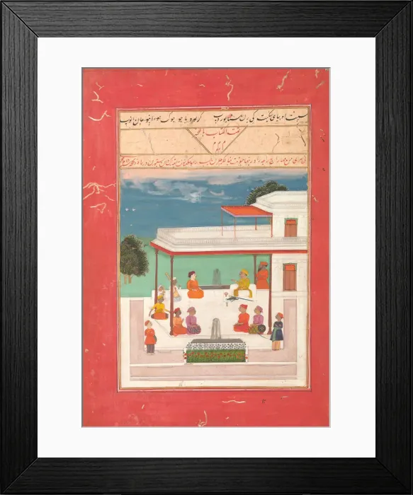 Framed Print : A Raja and a Guest Seated on a Terrace Listening to Musicians Perform