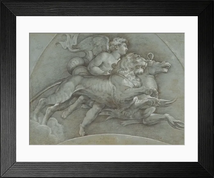Framed Print : A Winged Putto Riding a Sea Horse and a Lion (after Raphael); verso... 1574