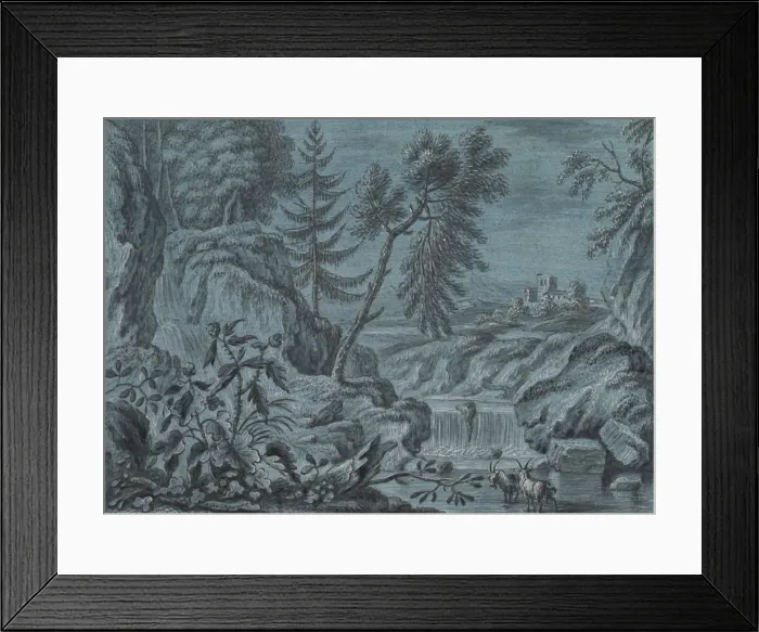 Framed Print : Southern Landscape with a Waterfall and Goats, late 18th century Framed Print : Southern Landscape with a Waterfall and Goats, late 18th century