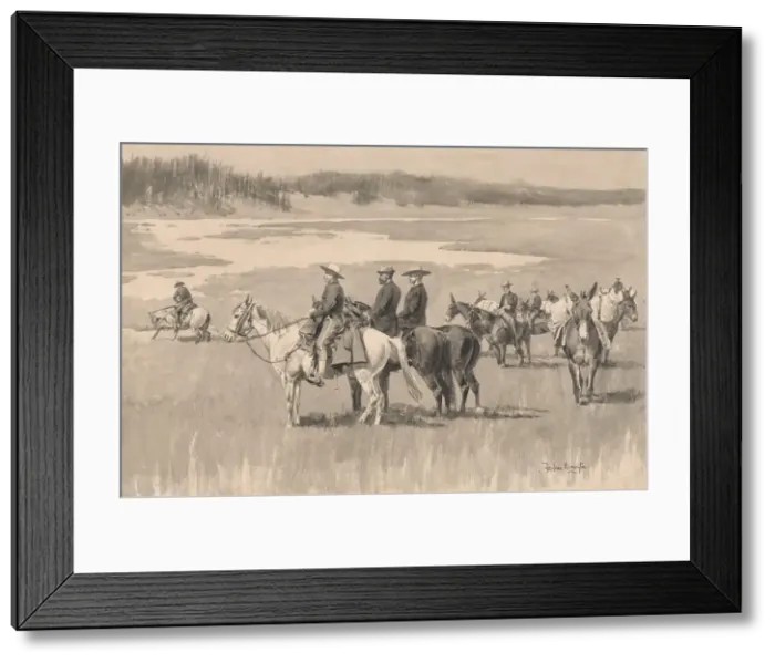 Framed Print : On the Head-Waters--Burgess Finding a Ford, ca. 1893. Creator: Frederic Remington