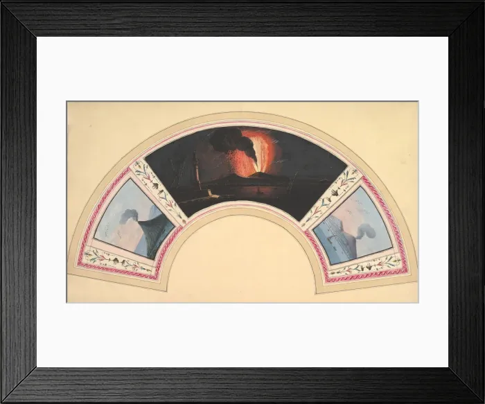 Framed Print : Fan Design with Eruption of Vesuvius and Three Views, 18th century. Creator: Anon