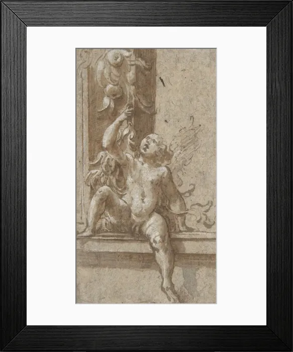 Framed Print : A Putto Seated on a Frame, ca. 1538-40. Creator: Girolamo Mazzola Bedoli Framed Print : A Putto Seated on a Frame, ca. 1538-40. Creator: Girolamo Mazzola Bedoli