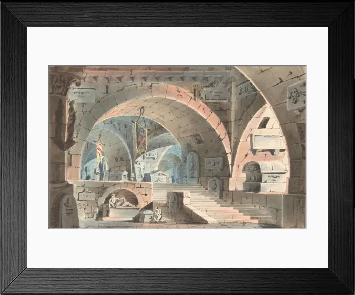 Framed Print : Crypt with a Kneeling Mourner, 1830-40. Creator: Anon Framed Print : Crypt with a Kneeling Mourner, 1830-40. Creator: Anon