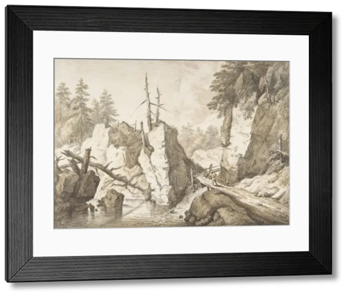 Framed Print : Swiss mountain landscape with small bridge spanning a brook, 1751-81. Creator: Franz Schutz Framed Print : Swiss mountain landscape with small bridge spanning a brook, 1751-81. Creator: Franz Schutz