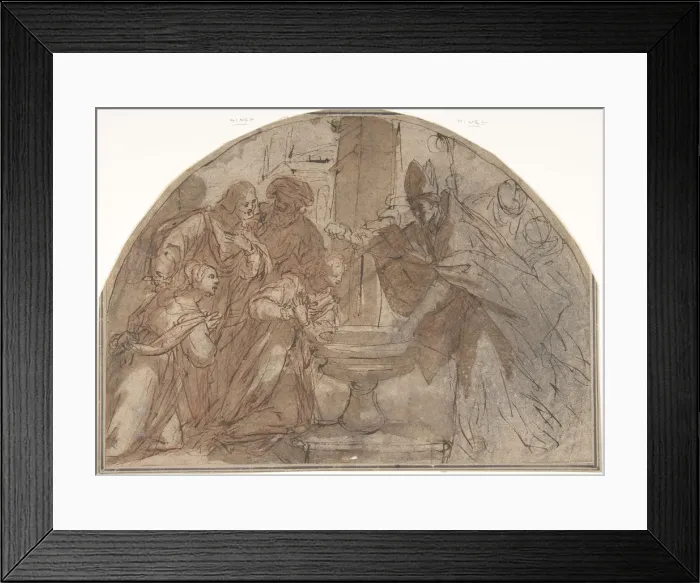 Framed Print : Scene of a Baptism of a Woman by a Bishop with Onlookers, 17th century. Creator: Anon Framed Print : Scene of a Baptism of a Woman by a Bishop with Onlookers, 17th century. Creator: Anon