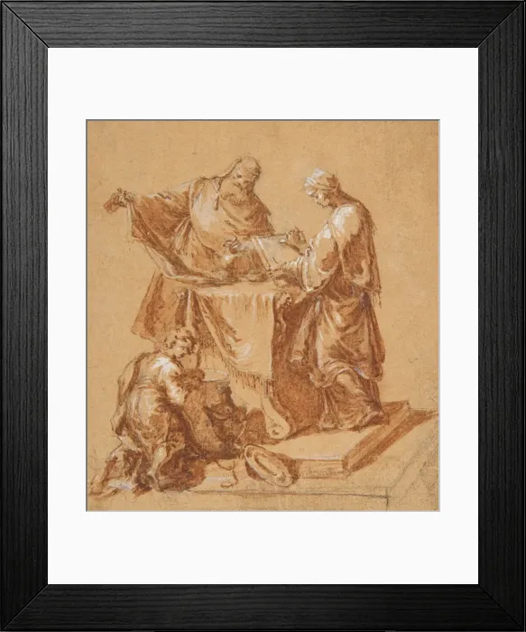 Framed Print : A High-Priest, the Prophetess Anna (?) and a Kneeling Boy around a Table, 1745 Framed Print : A High-Priest, the Prophetess Anna (?) and a Kneeling Boy around a Table, 1745