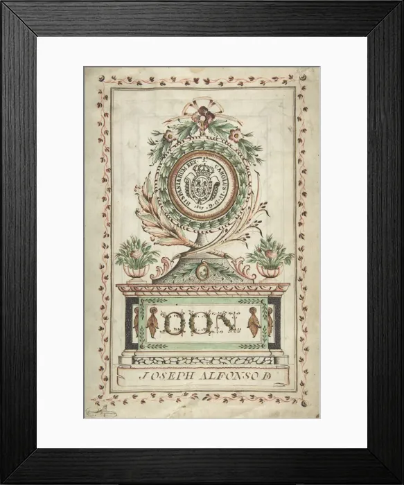 Framed Print : Frontispiece with Vegetal Medallion and Latin Dedication surrounding a Coat of Framed Print : Frontispiece with Vegetal Medallion and Latin Dedication surrounding a Coat of