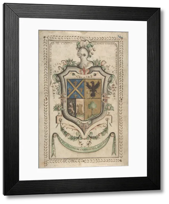 Framed Print : Coat of Arms Surmounted by a Plumed Helmet, 18th century. Creator: Anon Framed Print : Coat of Arms Surmounted by a Plumed Helmet, 18th century. Creator: Anon