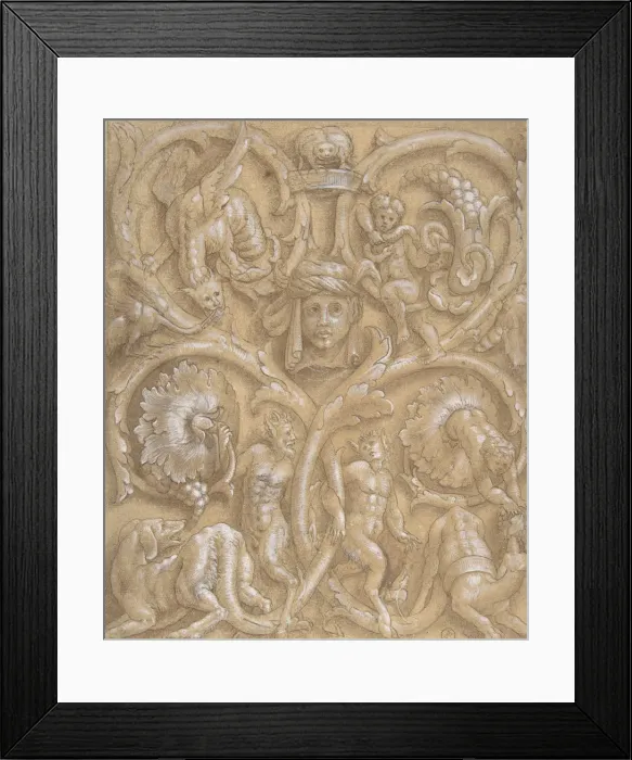 Framed Print : Design for an Ornamental Panel with Rinceaux, Satyrs, Putti, Monsters and a Human Head Framed Print : Design for an Ornamental Panel with Rinceaux, Satyrs, Putti, Monsters and a Human Head