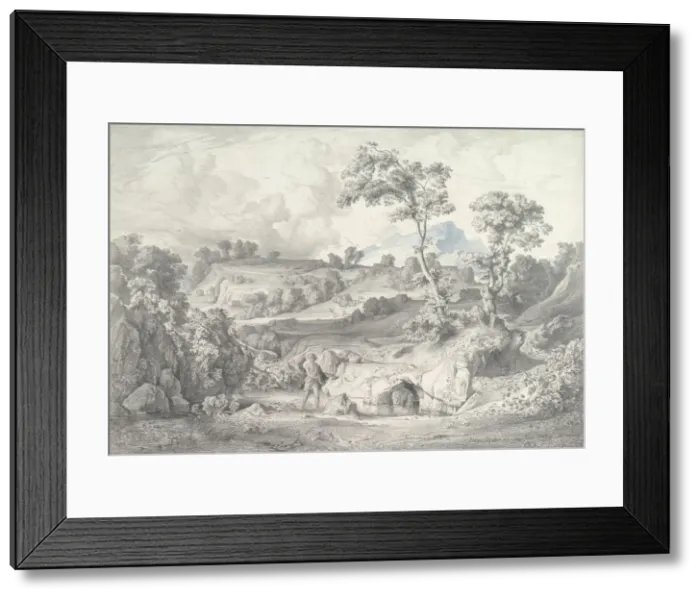 Framed Print : Southern landscape with a man and a snake, 1847. Creator: Heinrich Dreber Framed Print : Southern landscape with a man and a snake, 1847. Creator: Heinrich Dreber
