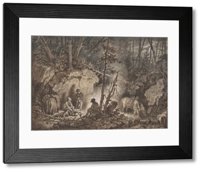 Framed Print : Hunters resting in a forest at night, 1830-60. Creator: Kilian Christoffer Zoll