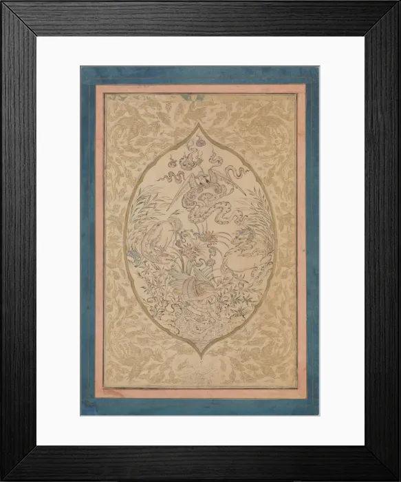 Framed Print : A Gathering of Mythical Creatures around a Lotus Leaf, dated Shawwal A. H. 1088 / A. D. 1677 Framed Print : A Gathering of Mythical Creatures around a Lotus Leaf, dated Shawwal A. H. 1088 / A. D. 1677