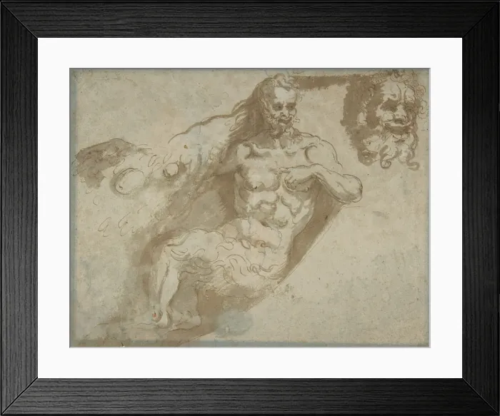 Framed Print : Seated satyr, with enlarged head of same (recto); head of a woman (verso), 1527-96 Framed Print : Seated satyr, with enlarged head of same (recto); head of a woman (verso), 1527-96