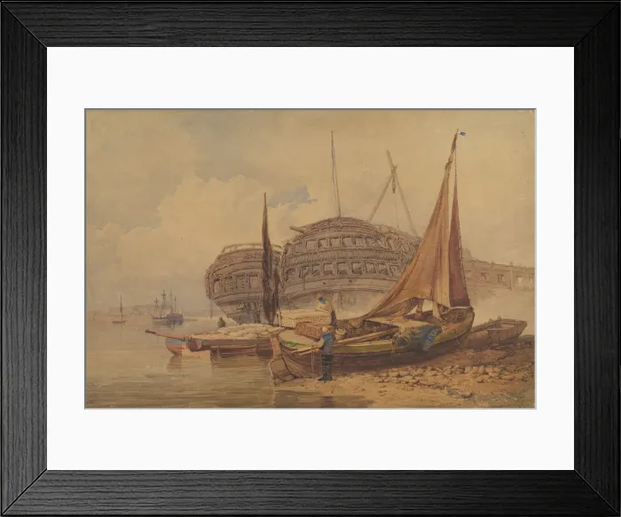 Framed Print : Coastal Scene with Beached Boats in Foreground, early-mid 19th century Framed Print : Coastal Scene with Beached Boats in Foreground, early-mid 19th century