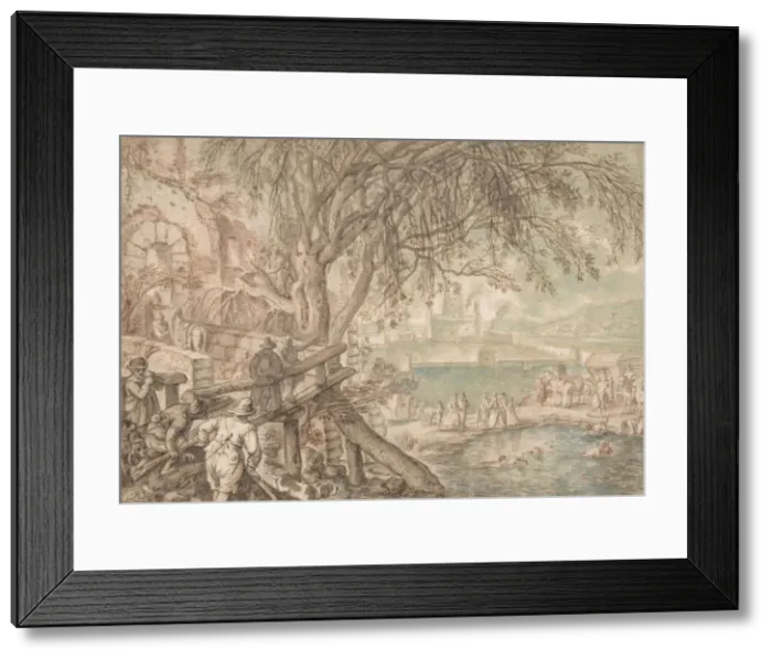 Framed Print : Huntsmen and Company Observing Dogs Retrieving Ducks in a Pond (The Month of April) Framed Print : Huntsmen and Company Observing Dogs Retrieving Ducks in a Pond (The Month of April)