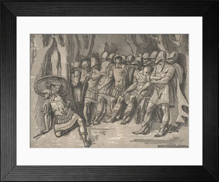 Framed Print : Ajax lower left holding a shield aloft, at the right stands Agamemnon surrounded by his Framed Print : Ajax lower left holding a shield aloft, at the right stands Agamemnon surrounded by his