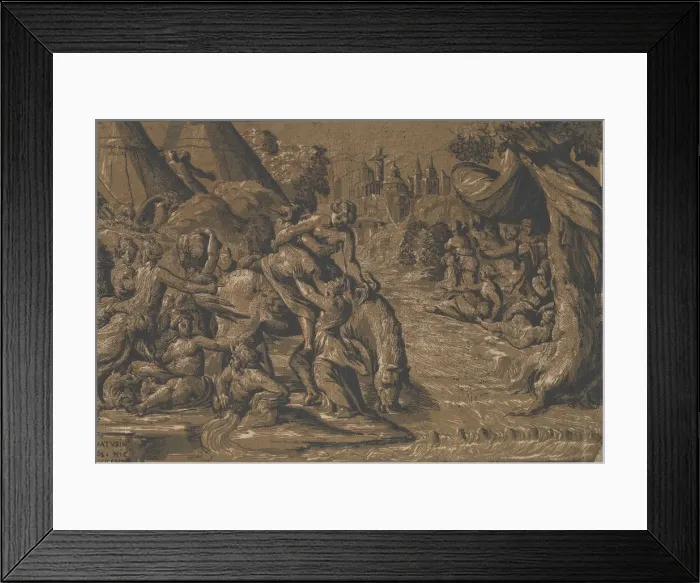 Framed Print : Cloelia the Roman hero in the centre being helped onto a horse, Rome in the background Framed Print : Cloelia the Roman hero in the centre being helped onto a horse, Rome in the background
