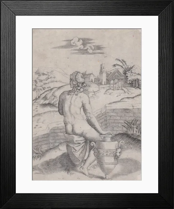 Framed Print : Woman Seated near a Vase, ca. 1514-36. Creator: Agostino Veneziano Framed Print : Woman Seated near a Vase, ca. 1514-36. Creator: Agostino Veneziano
