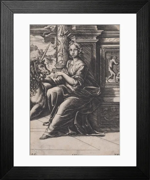 Framed Print : Chastity, a woman seated, a unicorn to her right, c. 1515-30. Creator: Agostino Veneziano Framed Print : Chastity, a woman seated, a unicorn to her right, c. 1515-30. Creator: Agostino Veneziano