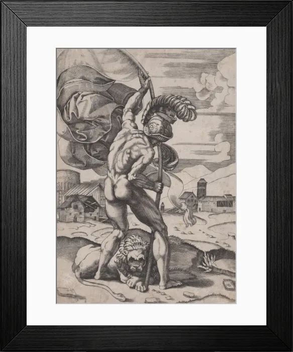 Framed Print : Man with a Flag, ca. 1514-36. Creator: Agostino Veneziano Framed Print : Man with a Flag, ca. 1514-36. Creator: Agostino Veneziano