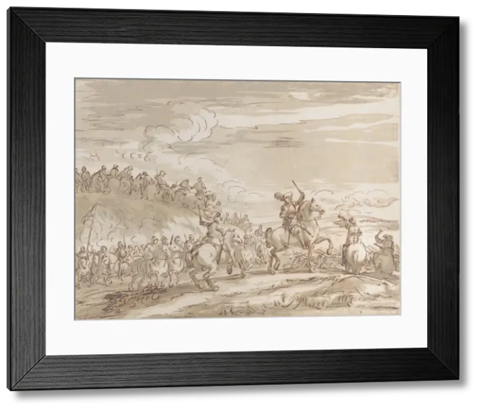 Framed Print : Cavalry advancing to the charge, with a central figure on horseback raising a sword, 1735