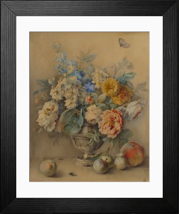 Framed Print : Flowers in a Silver Caster, Fruit in the Foreground, 18th century Framed Print : Flowers in a Silver Caster, Fruit in the Foreground, 18th century