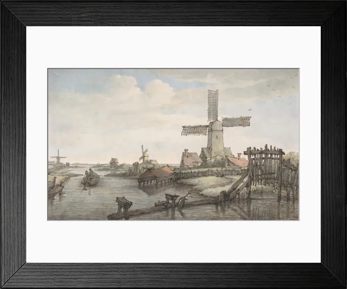 Framed Print : View of a Canal with Three Windmills, late 18th-early 19th century. Creator: Jan Hulswit Framed Print : View of a Canal with Three Windmills, late 18th-early 19th century. Creator: Jan Hulswit