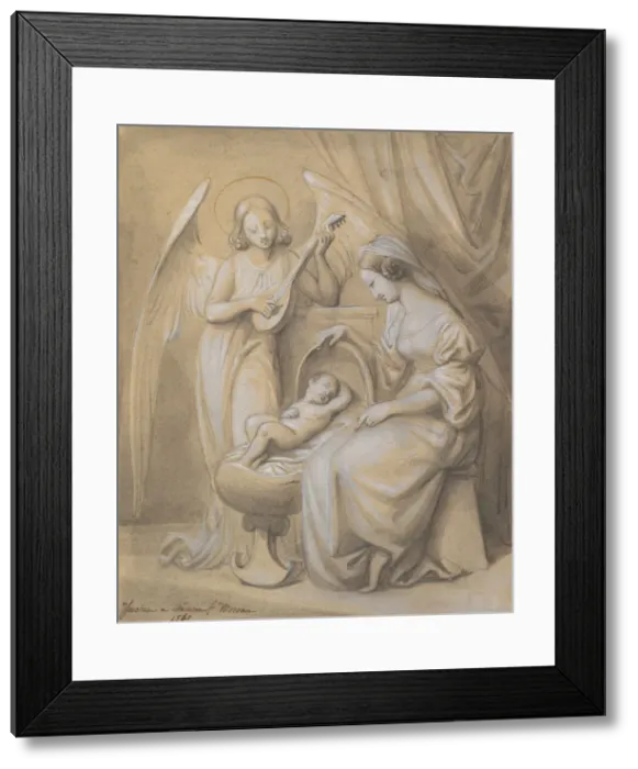 Framed Print : Virgin and Child Adored by a Lute-Playing Angel, 1820-52. Creator: Jean-Jacques Feuchere Framed Print : Virgin and Child Adored by a Lute-Playing Angel, 1820-52. Creator: Jean-Jacques Feuchere