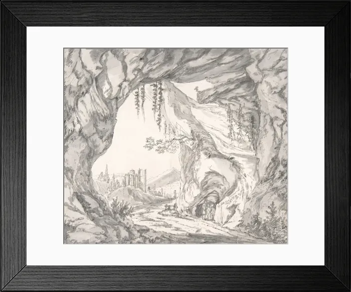 Framed Print : Mountainous Landscape with Ruins of a Castle and Three Men in a Cave Framed Print : Mountainous Landscape with Ruins of a Castle and Three Men in a Cave