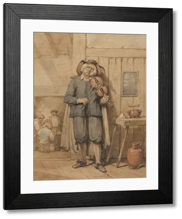 Framed Print : A Fiddler in a Tavern, with Three Men in the Background, mid-19th century Framed Print : A Fiddler in a Tavern, with Three Men in the Background, mid-19th century