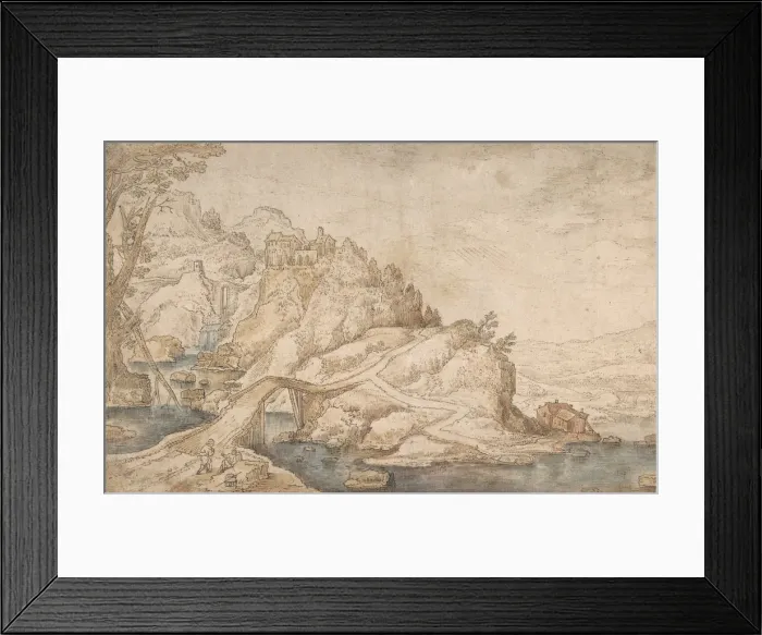 Framed Print : Hilly Landscape with River, Bridge and Houses with Two Figures at Left Framed Print : Hilly Landscape with River, Bridge and Houses with Two Figures at Left