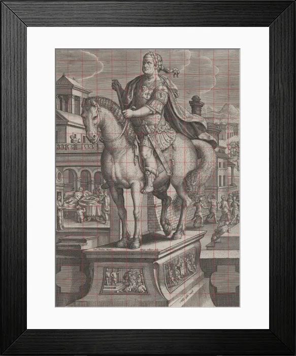 Framed Print : Plate 9: equestrian statue of Vitellius, seen three-quarters to the left, with his Framed Print : Plate 9: equestrian statue of Vitellius, seen three-quarters to the left, with his