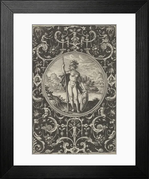 Framed Print : Minerva in a Decorative Frame with Grotesques, from the Judgment of Paris, c1580-1600 Framed Print : Minerva in a Decorative Frame with Grotesques, from the Judgment of Paris, c1580-1600