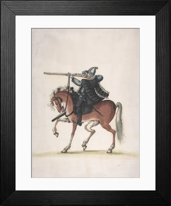 Framed Print : Drawing of a Mounted Arquebusier (Soldier on Horseback), late 16th century Framed Print : Drawing of a Mounted Arquebusier (Soldier on Horseback), late 16th century