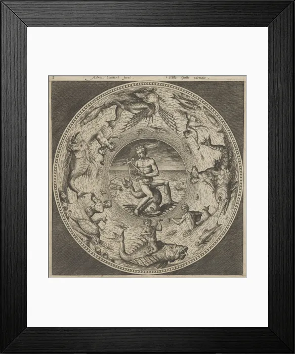Framed Print : Design for a Plate with Arion Riding a Dolphin in a Medallion Bordered by Sea Monsters Framed Print : Design for a Plate with Arion Riding a Dolphin in a Medallion Bordered by Sea Monsters