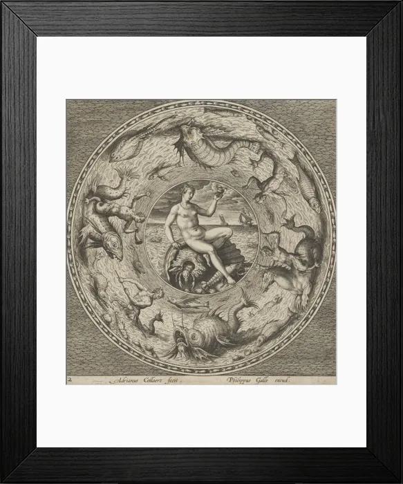 Framed Print : Design for a Plate with Thetis on a Shell in a Medallion Bordered by Sea Monsters, c1600 Framed Print : Design for a Plate with Thetis on a Shell in a Medallion Bordered by Sea Monsters, c1600