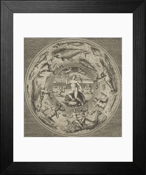 Framed Print : Design for a Plate with Galatea on a Shell Flanked by Trumpeters in a Medallion Border Framed Print : Design for a Plate with Galatea on a Shell Flanked by Trumpeters in a Medallion Border