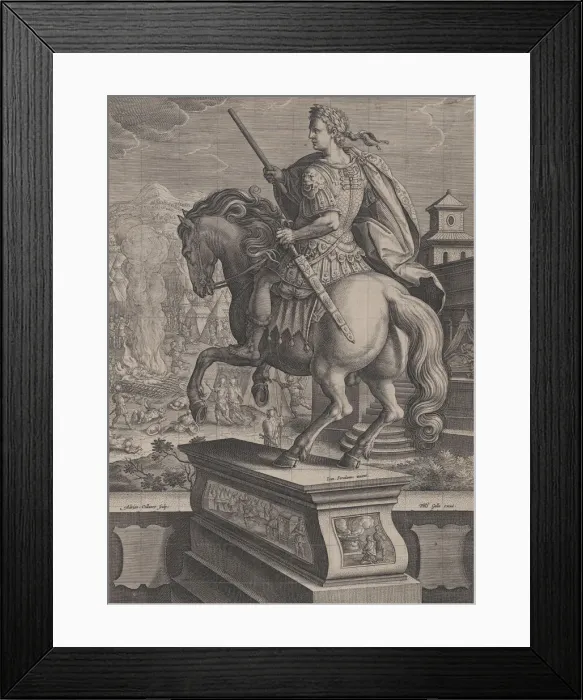 Framed Print : Plate 8: equestrian statue of Otho, seen from behind, his death scene in the backgr Framed Print : Plate 8: equestrian statue of Otho, seen from behind, his death scene in the backgr