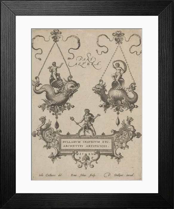 Framed Print : Title Plate with Two Pendant Designs Above and Neptune Standing on a Cartouche Below Framed Print : Title Plate with Two Pendant Designs Above and Neptune Standing on a Cartouche Below