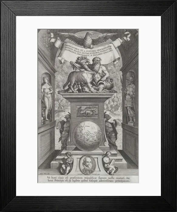 Framed Print : Title page for Roman Emperors on Horseback, ca. 1587-89. Creator: Adriaen Collaert Framed Print : Title page for Roman Emperors on Horseback, ca. 1587-89. Creator: Adriaen Collaert
