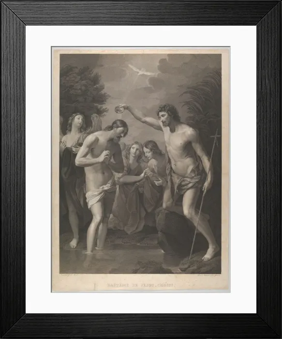 Framed Print : The Baptism of Christ; Saint John the Baptist at right and Christ at left with his Framed Print : The Baptism of Christ; Saint John the Baptist at right and Christ at left with his