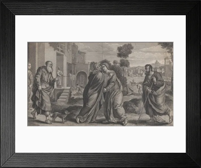 Framed Print : Visitation; Saint Elizabeth embracing the Virgin at center as Saint Joseph walks to Framed Print : Visitation; Saint Elizabeth embracing the Virgin at center as Saint Joseph walks to