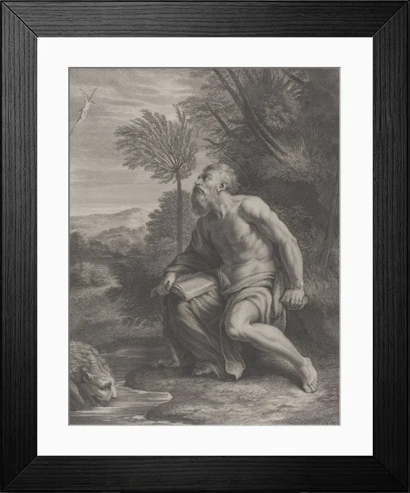 Framed Print : Saint Jerome seated by a tree looking up at a crucifix, a lion drinking water from a Framed Print : Saint Jerome seated by a tree looking up at a crucifix, a lion drinking water from a