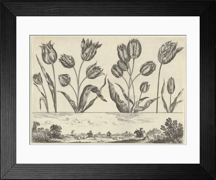 Framed Print : Horizontal Panel with a Row of Flowers Above a Frieze with a Hunting Scene in a Landscape Framed Print : Horizontal Panel with a Row of Flowers Above a Frieze with a Hunting Scene in a Landscape
