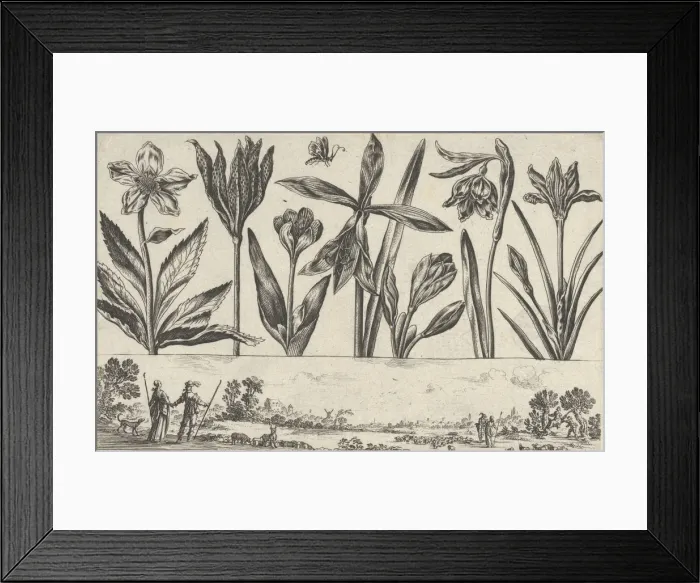 Framed Print : Horizontal Panel with a Row of Flowers Above a Frieze with Figures in a Landscape Framed Print : Horizontal Panel with a Row of Flowers Above a Frieze with Figures in a Landscape