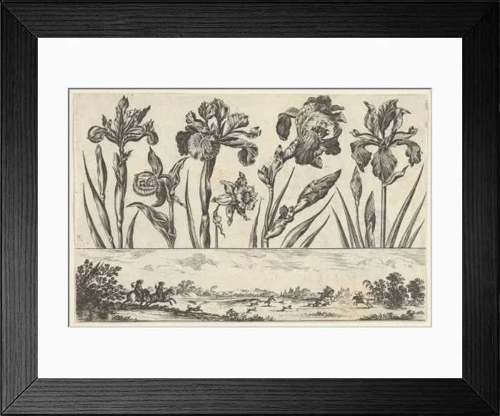 Framed Print : Horizontal Panel with a Row of Flowers Above a Frieze with a Hunting Scene in a Landscape Framed Print : Horizontal Panel with a Row of Flowers Above a Frieze with a Hunting Scene in a Landscape
