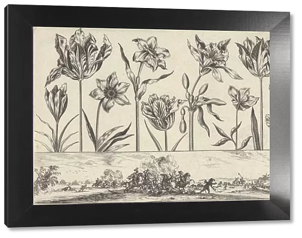 Horizontal Panel with a Row of Flowers Above a Frieze with a Battle Scene in a Landscape