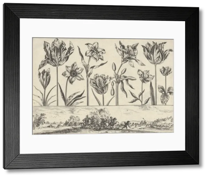 Framed Print : Horizontal Panel with a Row of Flowers Above a Frieze with a Battle Scene in a Landscape Framed Print : Horizontal Panel with a Row of Flowers Above a Frieze with a Battle Scene in a Landscape