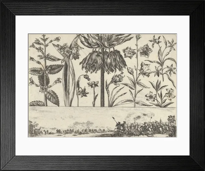 Framed Print : Horizontal Panel with a Row of Flowers Above a Frieze with a Battle Scene in a Landscape Framed Print : Horizontal Panel with a Row of Flowers Above a Frieze with a Battle Scene in a Landscape